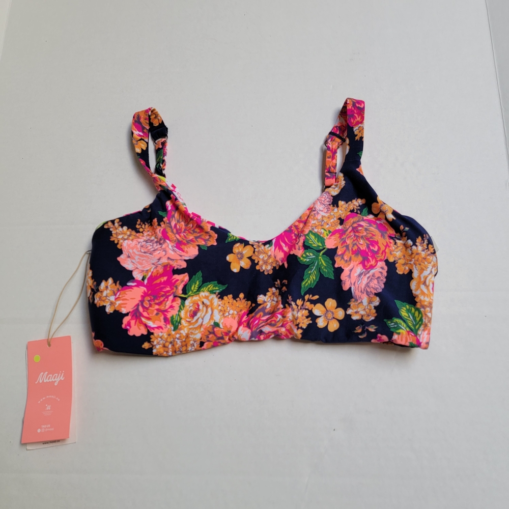 Maaji Floral Bikini Top - Navy with Neon Pink & Orange Flowers Reversible